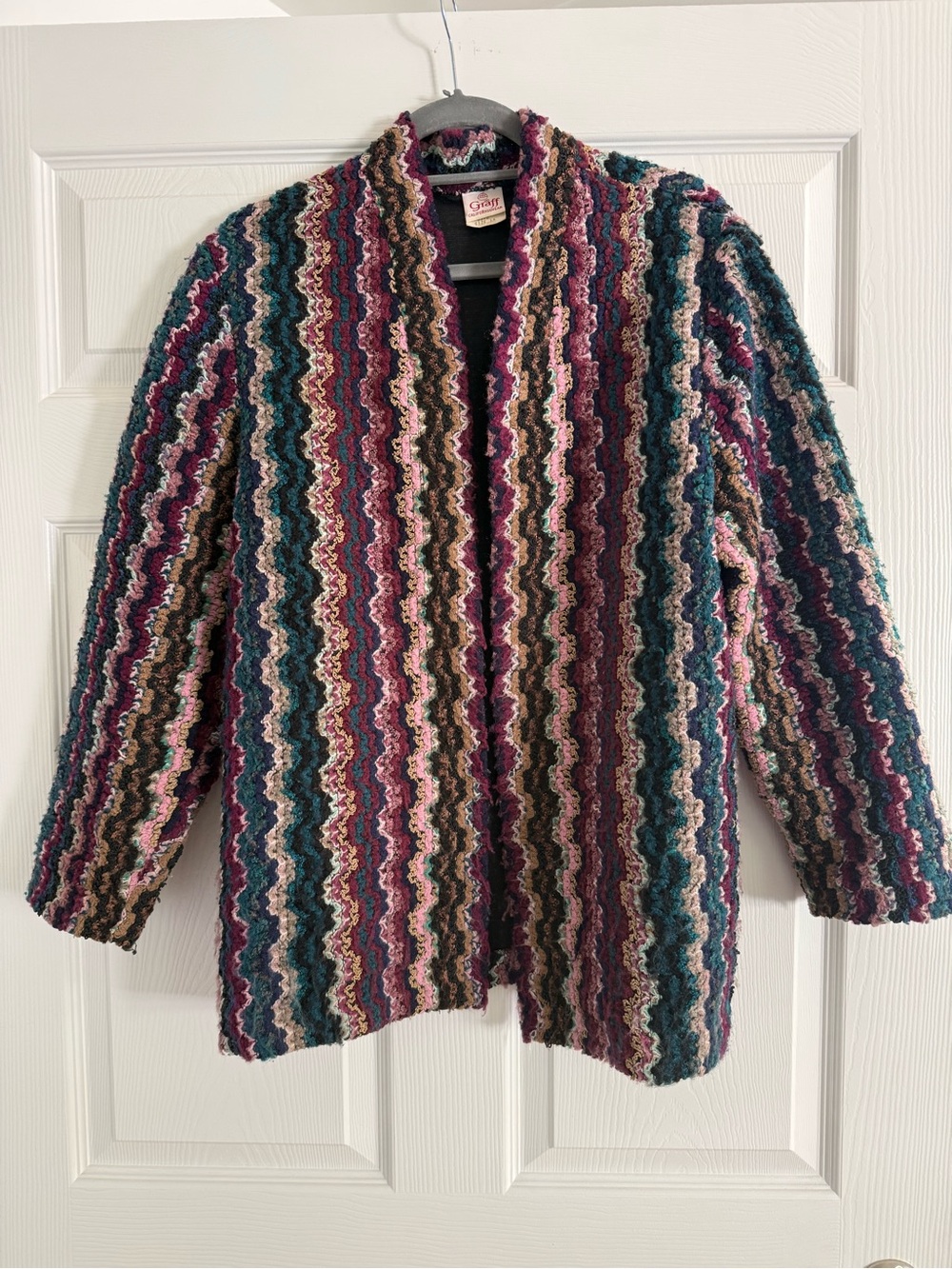 Vintage Multicolor Striped Crochet Open Cardigan - Teal, Plum, Pink, Brown